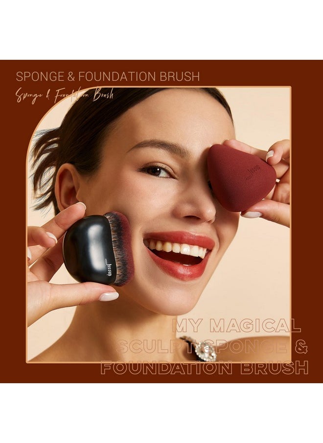 Jessup Foundation Brush with Makeup Sponge, Black Makeup Brush Flat Top Kabuki Brush for Liquid Blending Stippling, T881