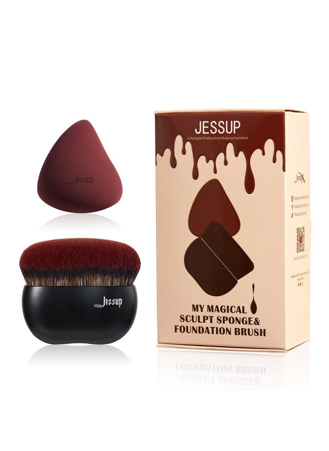 Jessup Foundation Brush with Makeup Sponge, Black Makeup Brush Flat Top Kabuki Brush for Liquid Blending Stippling, T881