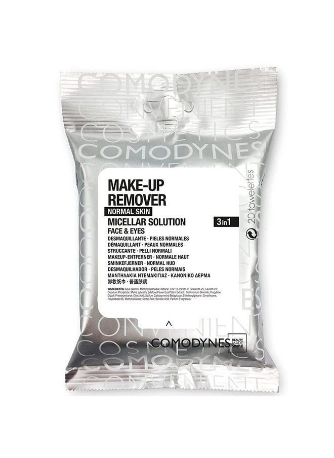 COMODYNES Makeup Remover Wipes Normal Skin 20 Units - Micellar Water - Helps Leave The Skin Of The Face Clean