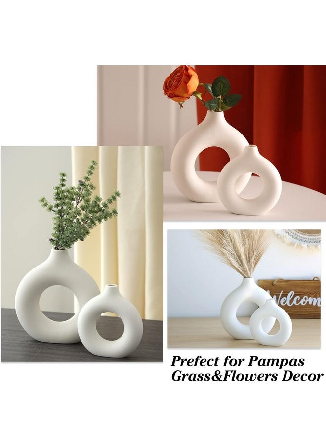 TIED RIBBONS Set of 2 Donut Vases (White, 8.5 & 6 Inches) for Flowers Plants Pampas Grass - Ceramic Vases Home Decoration Items for Living Room Centrepiece Office Table