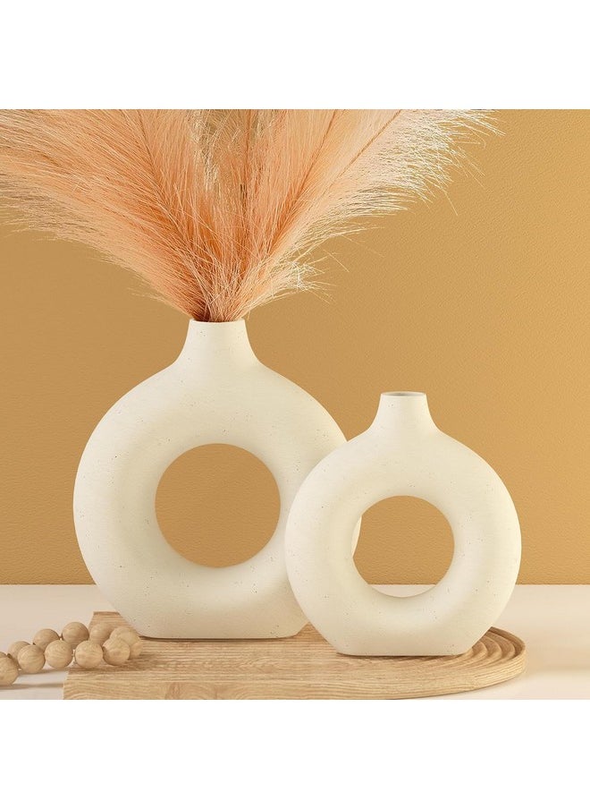 TIED RIBBONS Set of 2 Donut Vases (White, 8.5 & 6 Inches) for Flowers Plants Pampas Grass - Ceramic Vases Home Decoration Items for Living Room Centrepiece Office Table