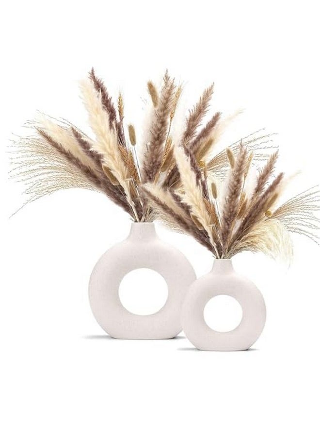 TIED RIBBONS Set of 2 Donut Vases (White, 8.5 & 6 Inches) for Flowers Plants Pampas Grass - Ceramic Vases Home Decoration Items for Living Room Centrepiece Office Table