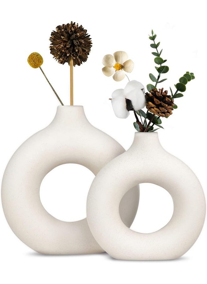 TIED RIBBONS Set of 2 Donut Vases (White, 8.5 & 6 Inches) for Flowers Plants Pampas Grass - Ceramic Vases Home Decoration Items for Living Room Centrepiece Office Table