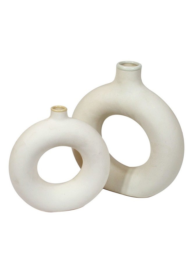 TIED RIBBONS Set of 2 Donut Vases (White, 8.5 & 6 Inches) for Flowers Plants Pampas Grass - Ceramic Vases Home Decoration Items for Living Room Centrepiece Office Table
