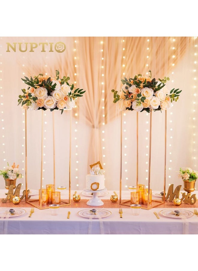 Nuptio 2 Pcs Metal Flower Floor Vase Column Flower Stand Geometric Centerpieces Vase for Tables, 80cm/31.5in Tall Gold Flower Holder for Home Party Wedding Decorations, Rectangular Flower Display Rack