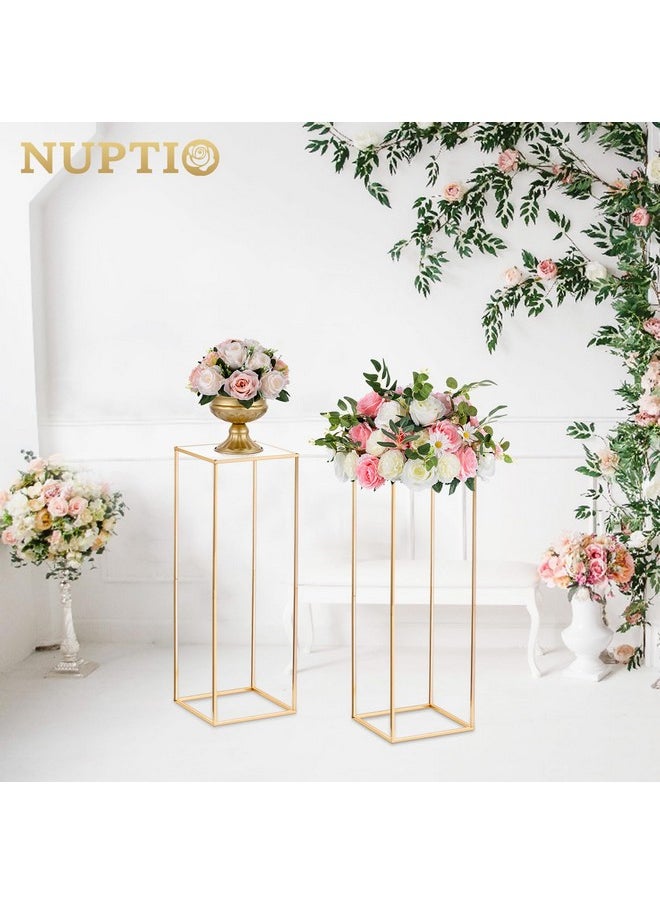 Nuptio 2 Pcs Metal Flower Floor Vase Column Flower Stand Geometric Centerpieces Vase for Tables, 80cm/31.5in Tall Gold Flower Holder for Home Party Wedding Decorations, Rectangular Flower Display Rack