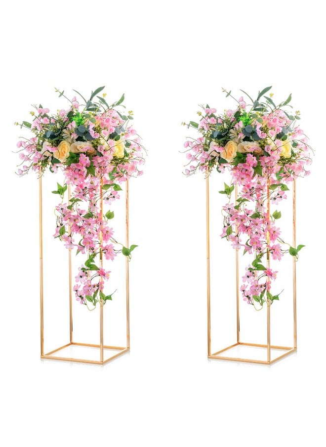 Nuptio 2 Pcs Metal Flower Floor Vase Column Flower Stand Geometric Centerpieces Vase for Tables, 80cm/31.5in Tall Gold Flower Holder for Home Party Wedding Decorations, Rectangular Flower Display Rack