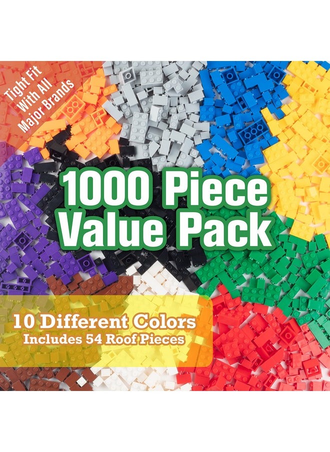 SCS Direct Building Block Bricks - Set of 1000 Pc Bulk Set -10 with 54 Roof Pieces - Compatible & Tight Fit w/All Major Brands - Great for Activity Tables, Creativity & School Projects, Xmas Gift