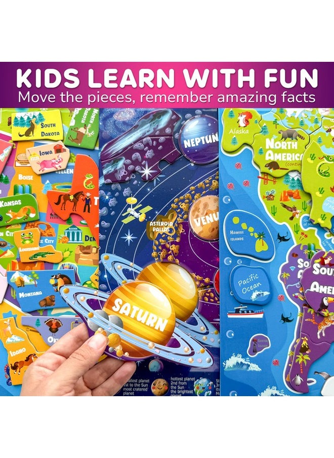 QUOKKA Magnetic Toddler Puzzles Ages 3-5 - 3 Educational Travel Games Puzzles for Kids Ages 4-6 - Space, USA and World Map Learning Toys for Boy and Girl 2-4 Learn United States