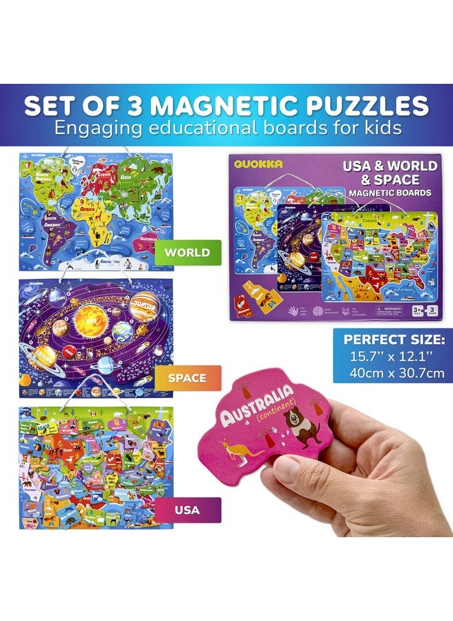 QUOKKA Magnetic Toddler Puzzles Ages 3-5 - 3 Educational Travel Games Puzzles for Kids Ages 4-6 - Space, USA and World Map Learning Toys for Boy and Girl 2-4 Learn United States