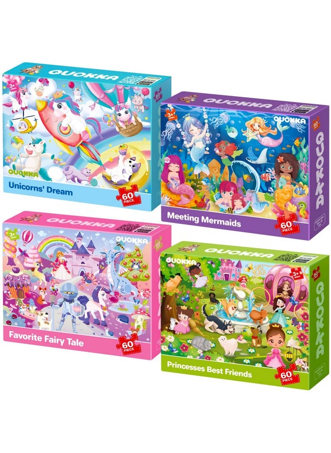 QUOKKA Puzzles for Kids Ages 4-6 - Set of 4x60 Jigsaw Puzzles for Toddlers 3-5 - Unicorn Princess Animals Toys for Children 6-8 yo - Gift Educational Game for Boys & Girls