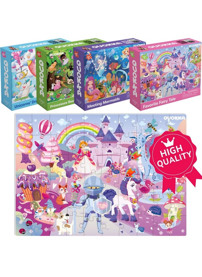 QUOKKA Puzzles for Kids Ages 4-6 - Set of 4x60 Jigsaw Puzzles for Toddlers 3-5 - Unicorn Princess Animals Toys for Children 6-8 yo - Gift Educational Game for Boys & Girls