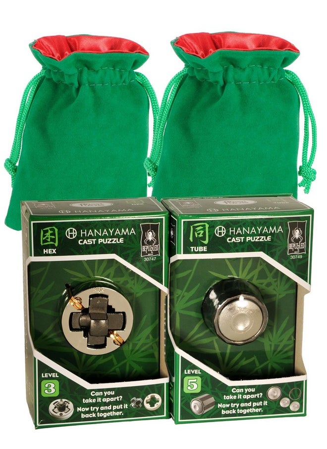 HEX and Tube Hanayama Puzzles, “New 2023, with Green Velveteen/Red Satin Lined Drawstring Pouches, Bundled Items