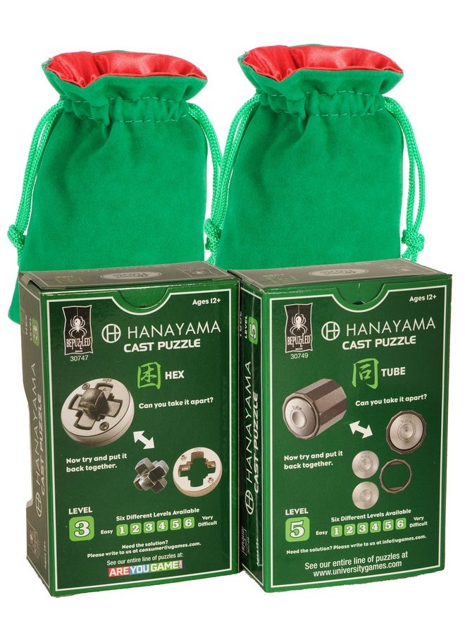 HEX and Tube Hanayama Puzzles, “New 2023, with Green Velveteen/Red Satin Lined Drawstring Pouches, Bundled Items