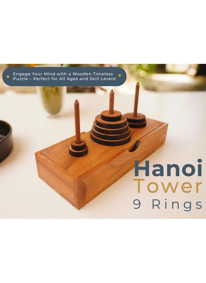 BSIRI Fun Puzzle Board Games Gifts of Hanoi Tower (9 Rings) with Wooden Designs for Brain Teasers Logic Games Kids and Adults to Challenges Mastermind Game and Think for Fun Learning Tower Puzzles