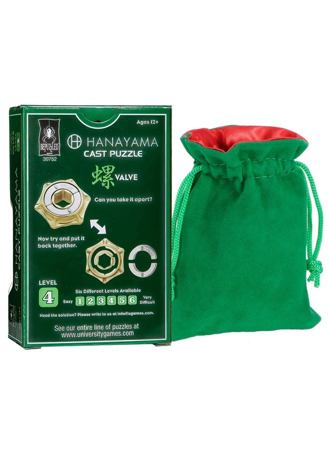 Valve Hanayama Puzzle, New 2022, Level 4, with Green Velvet, Red Satin-Lined Drawstring Pouch, Bundled