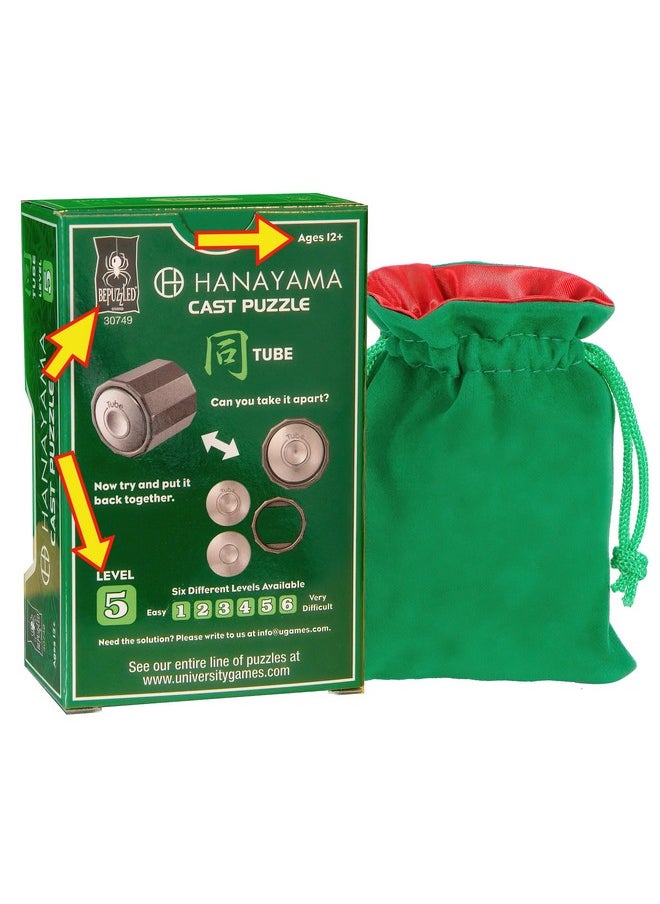 Tube Hanayama Puzzle, New 2023, Level 5, with Green Velvet, Red Satin Lined Drawstring Pouch, Bundled