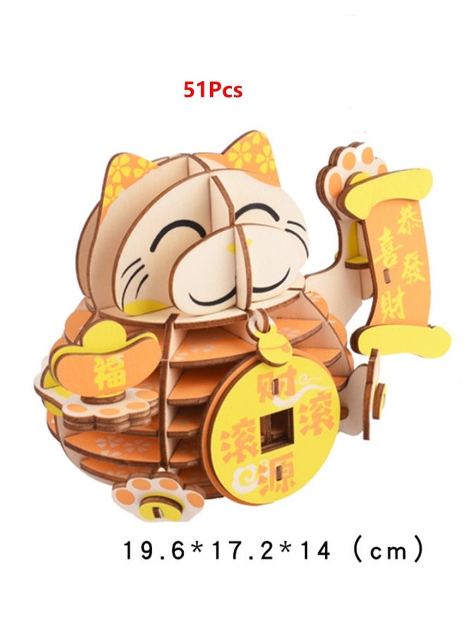 Children's Educational 3D Wooden Model Self-assembly Handmade Puzzle Toy (Lucky Cat 51Pcs)