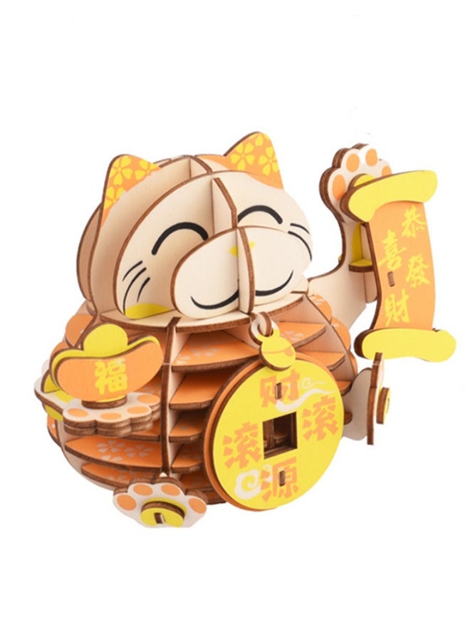 Children's Educational 3D Wooden Model Self-assembly Handmade Puzzle Toy (Lucky Cat 51Pcs)