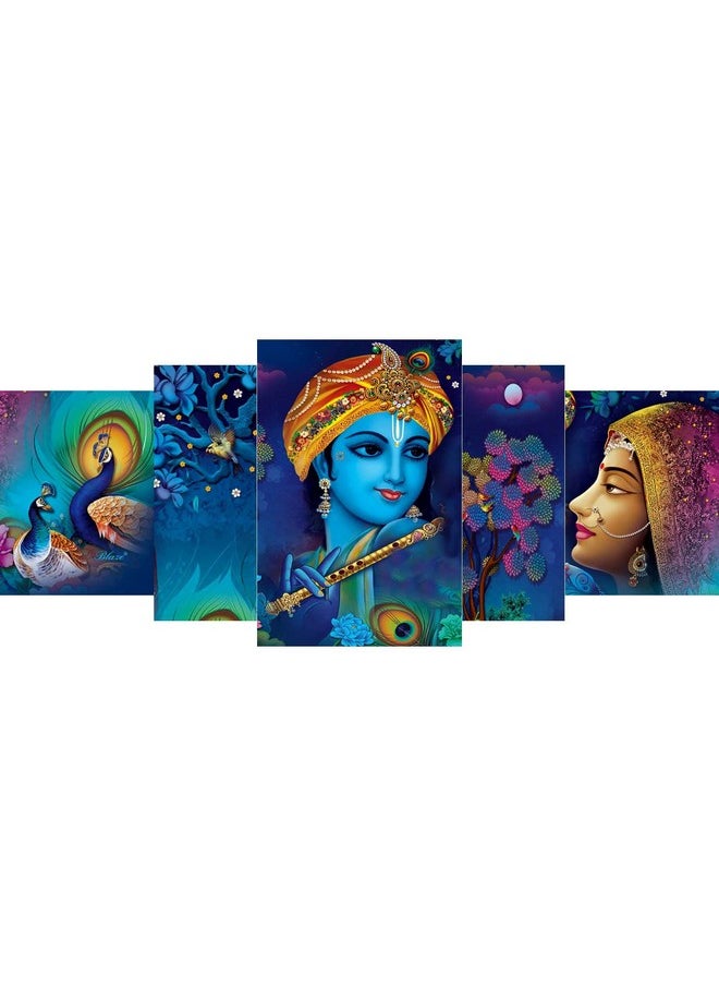 SAF Radha Krishna with couple peacock UV Textured MDF Abstract Panel Painting For Home Decoration, 18 Inch X 42 Inch, Set of 5, multicolor