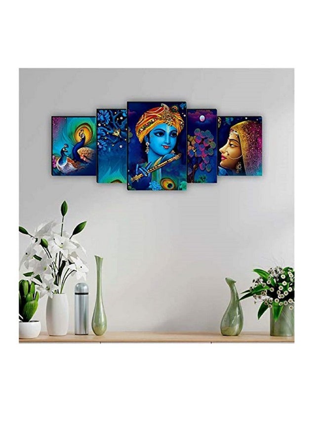 SAF Radha Krishna with couple peacock UV Textured MDF Abstract Panel Painting For Home Decoration, 18 Inch X 42 Inch, Set of 5, multicolor