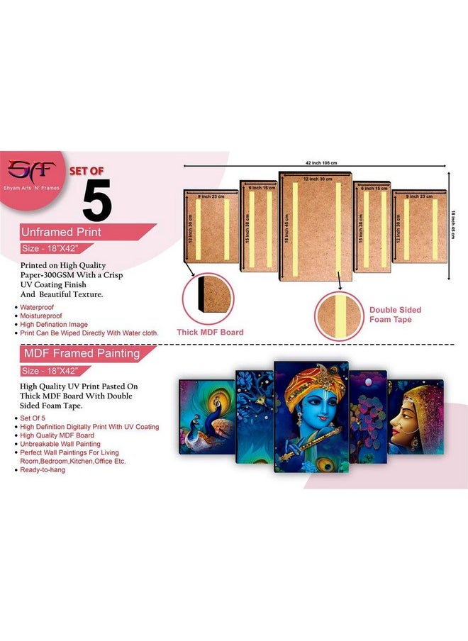 SAF Radha Krishna with couple peacock UV Textured MDF Abstract Panel Painting For Home Decoration, 18 Inch X 42 Inch, Set of 5, multicolor