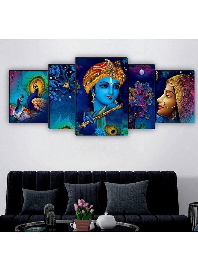 SAF Radha Krishna with couple peacock UV Textured MDF Abstract Panel Painting For Home Decoration, 18 Inch X 42 Inch, Set of 5, multicolor