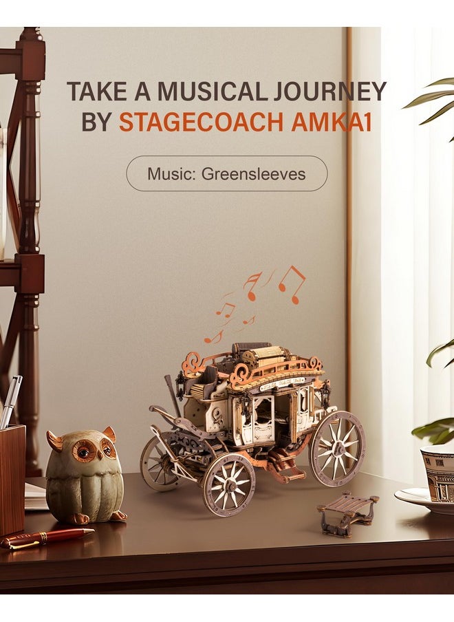 ROBOTIME Stagecoach Wooden Music Box Puzzle AMKA1, Valentines Day Gift 3D Wooden Puzzles for Adults, Mechanical 3D Model to Build, Birthday Anniversary Day Gift Hobby STEM Kits