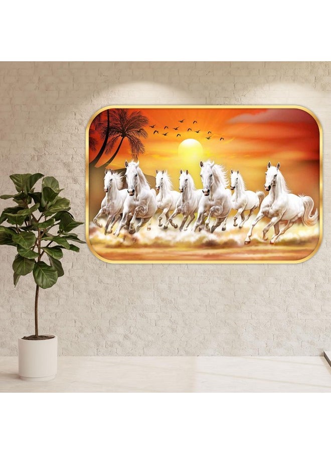 SAF 7 Running Horses at Sunrise Vastu Wall Painting with Frame - Sparkle Glossy Round Golden Framed Large Painting for Office, Living Room, Bedroom, Home Wall Decoration Animals Painting (Multicolour, SANFMG173, 18 x 12 inch)