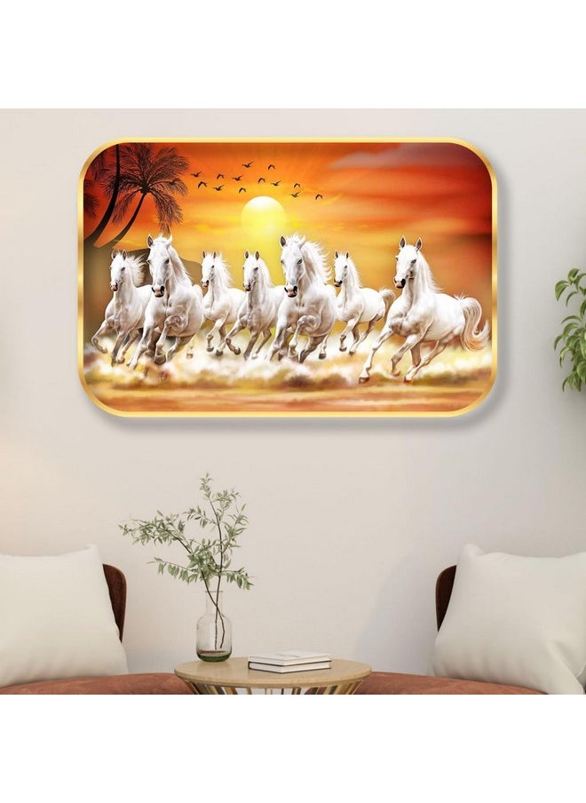SAF 7 Running Horses at Sunrise Vastu Wall Painting with Frame - Sparkle Glossy Round Golden Framed Large Painting for Office, Living Room, Bedroom, Home Wall Decoration Animals Painting (Multicolour, SANFMG173, 18 x 12 inch)