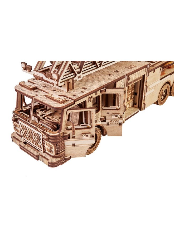 Wood Trick Rescue Firetruck Movable - Rotating Extendable Ladder - 3D Wooden Puzzles for Adults and Kids to Build - Rides up to 20 ft - Wooden Models Engineering DIY Project Mechanical Model Kit
