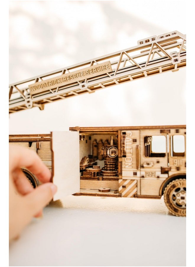 Wood Trick Rescue Firetruck Movable - Rotating Extendable Ladder - 3D Wooden Puzzles for Adults and Kids to Build - Rides up to 20 ft - Wooden Models Engineering DIY Project Mechanical Model Kit