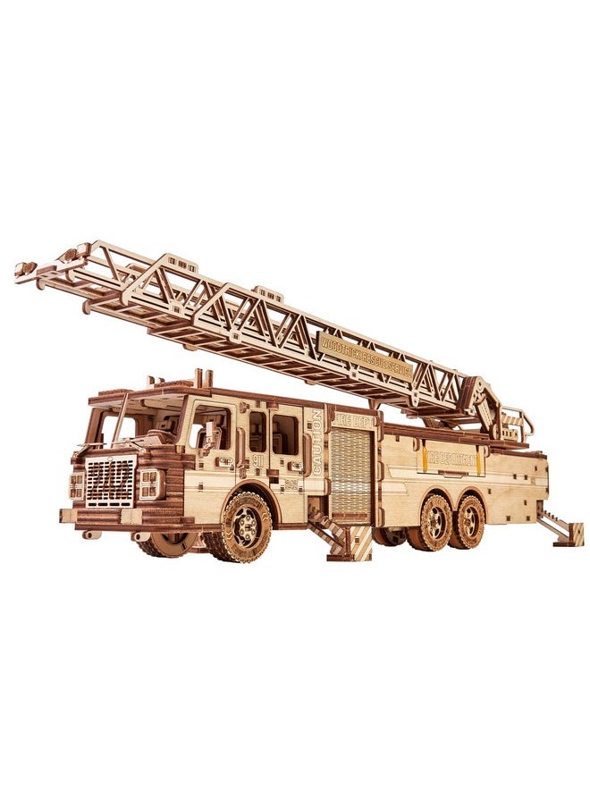 Wood Trick Rescue Firetruck Movable - Rotating Extendable Ladder - 3D Wooden Puzzles for Adults and Kids to Build - Rides up to 20 ft - Wooden Models Engineering DIY Project Mechanical Model Kit