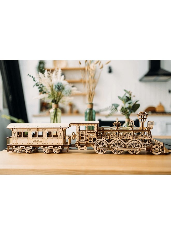 Wood Trick Wooden Toy Train Set with Railway - 34x7″ - Locomotive Train Toy Mechanical Model Kit - 3D Wooden Puzzles for Adults and Kids to Build - Engineering DIY Wooden Models for Adults to Build
