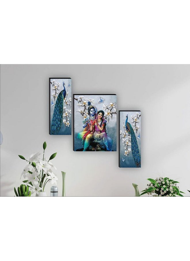 SAF Set of 3 Radha Krishna with Couple Peacock UV Textured Home Decorative Item Self Adhesive Painting 18 Inch X 12 Inch SANFJM31078- Multi Color