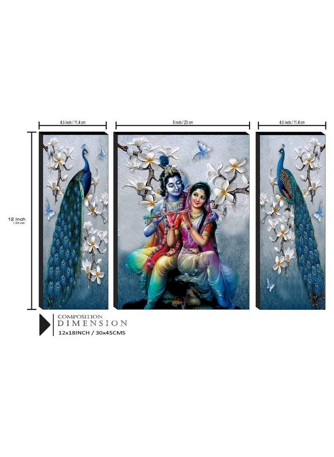 SAF Set of 3 Radha Krishna with Couple Peacock UV Textured Home Decorative Item Self Adhesive Painting 18 Inch X 12 Inch SANFJM31078- Multi Color