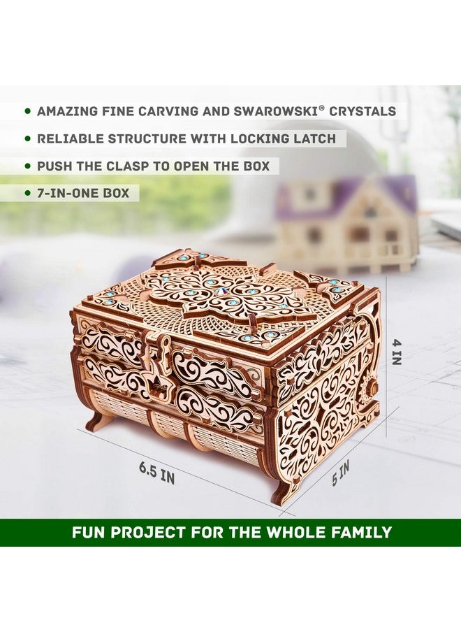 Wood Trick Treasure Puzzle Box for Adults - 3D Wooden Puzzle for Adults and Kids to Build - Cute & Neat Design - with Shimmering Crystals - Store Your Jewelry - Wood Model Kit