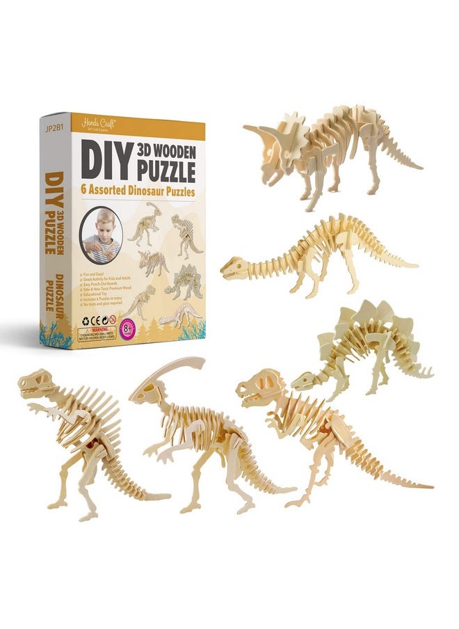 Hands Craft DIY 3D Wooden Puzzle - 6 Assorted Dinosaur Bundle Pack Set Brain Teaser Puzzles Educational STEM Toy Adults and Kids to Build Safe and Non-Toxic Easy Punch Out Premium Wood JP2B1
