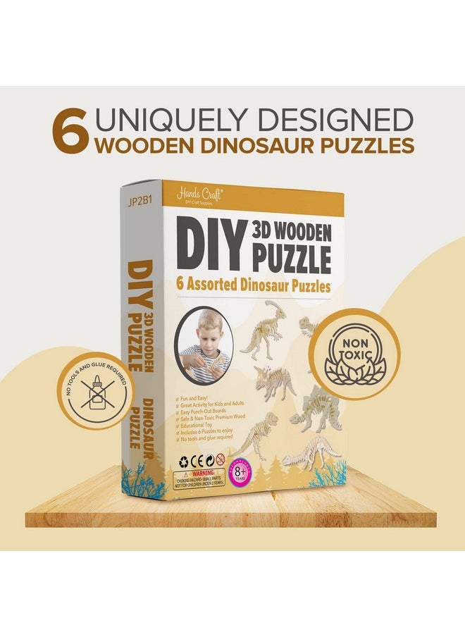 Hands Craft DIY 3D Wooden Puzzle - 6 Assorted Dinosaur Bundle Pack Set Brain Teaser Puzzles Educational STEM Toy Adults and Kids to Build Safe and Non-Toxic Easy Punch Out Premium Wood JP2B1