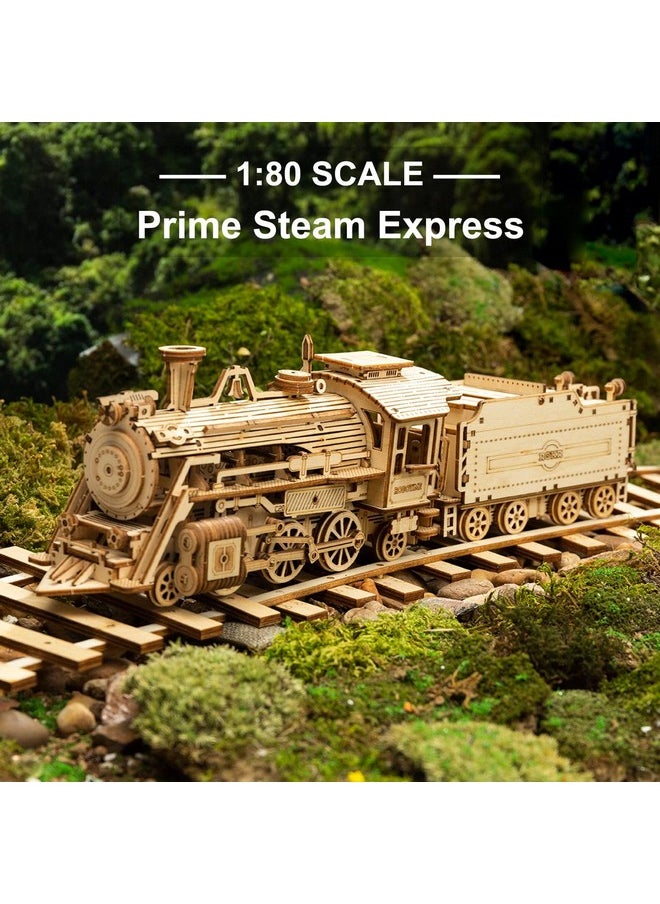 ROKR 3D Wooden Puzzle for Adults Mechanical Car Model-DIY Building Vehicle Kits-Brain Teaser Toys-Gift for Men Women Kids on Birthday/Christmas Day (Steam Train Model with Carriage)