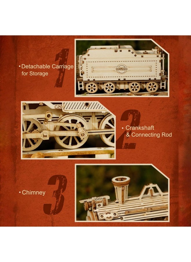 ROKR 3D Wooden Puzzle for Adults Mechanical Car Model-DIY Building Vehicle Kits-Brain Teaser Toys-Gift for Men Women Kids on Birthday/Christmas Day (Steam Train Model with Carriage)