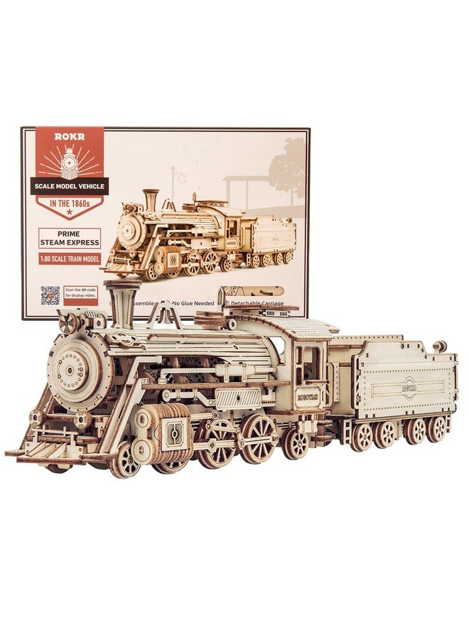 ROKR 3D Wooden Puzzle for Adults Mechanical Car Model-DIY Building Vehicle Kits-Brain Teaser Toys-Gift for Men Women Kids on Birthday/Christmas Day (Steam Train Model with Carriage)