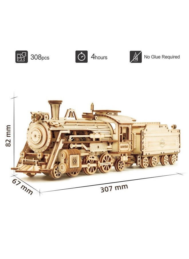 ROKR 3D Wooden Puzzle for Adults Mechanical Car Model-DIY Building Vehicle Kits-Brain Teaser Toys-Gift for Men Women Kids on Birthday/Christmas Day (Steam Train Model with Carriage)