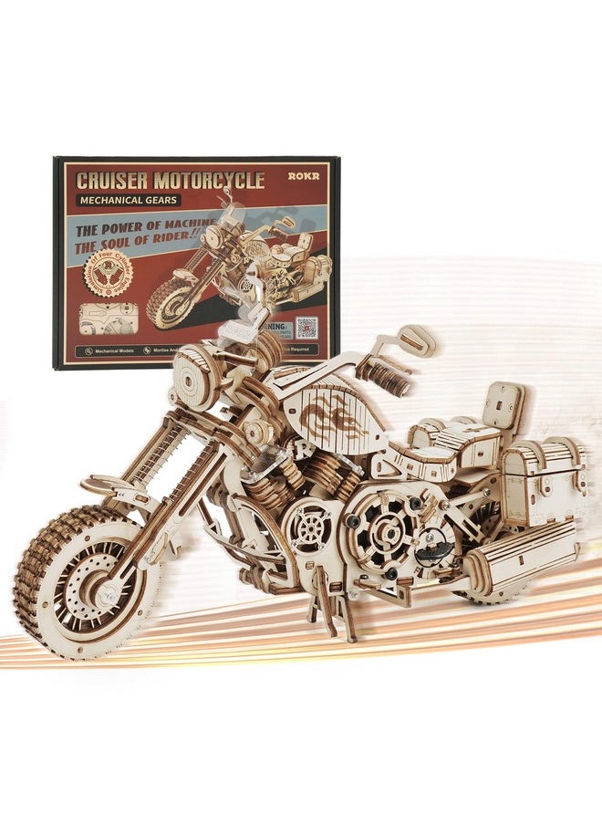 ROKR 3D Wooden Motorcycle Puzzle-Wood Model Car Kits to Build for Adults-Brain Teaser Gearjits Puzzle-1:8 Scale Cruiser Motorcycle as A Gift for Valentine's Day/Brithday