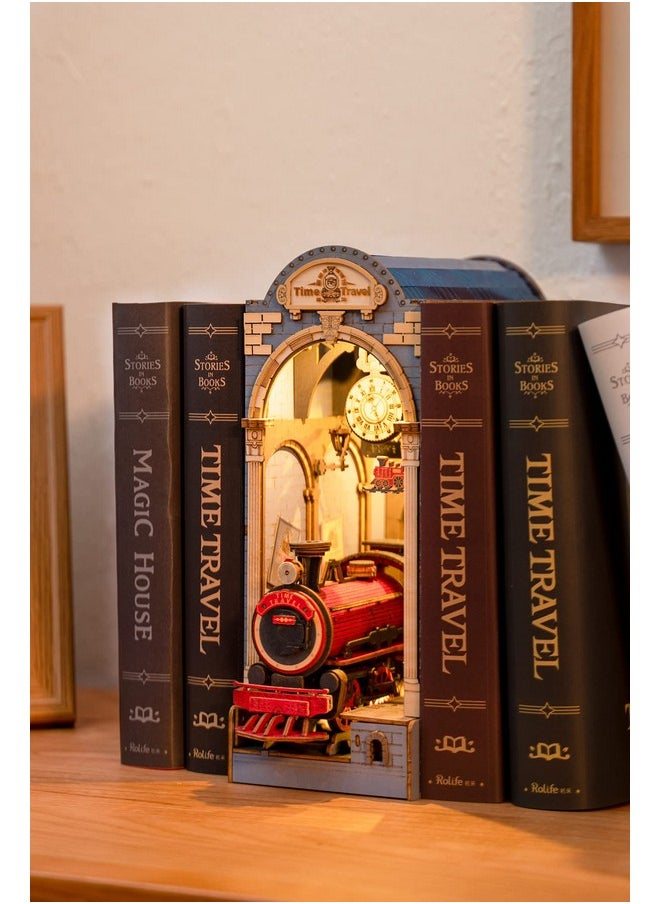 ROBOTIME DIY Book Nook Kit Insert Bookcase Book Stand 3D Wooden Puzzle DIY Miniature House Wood Bookend Book Nook Model Building Kit with LED Light Booknook Decoration (Time Travel)