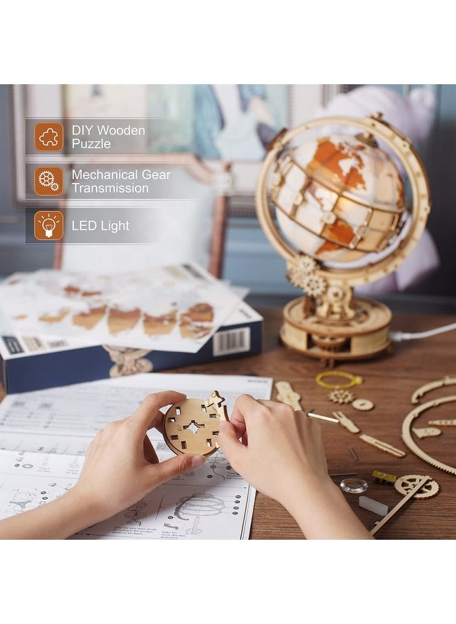 ROBOTIME ST003 Luminous Globe - Wooden 3D Puzzles for Adults with LED Light - Globe Model Building Kit for Teens & Adults