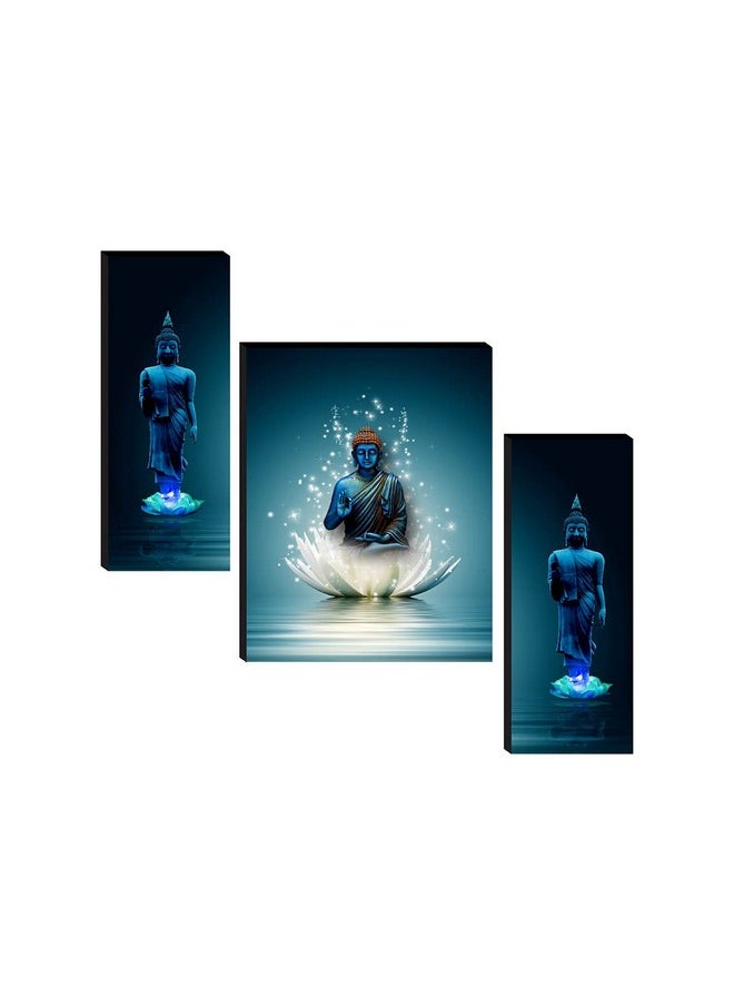 SAF Religious Sitting Buddha on Lotus wall painting for living room with frame, 12 inch X 18 inch, Set of 3, multicolor