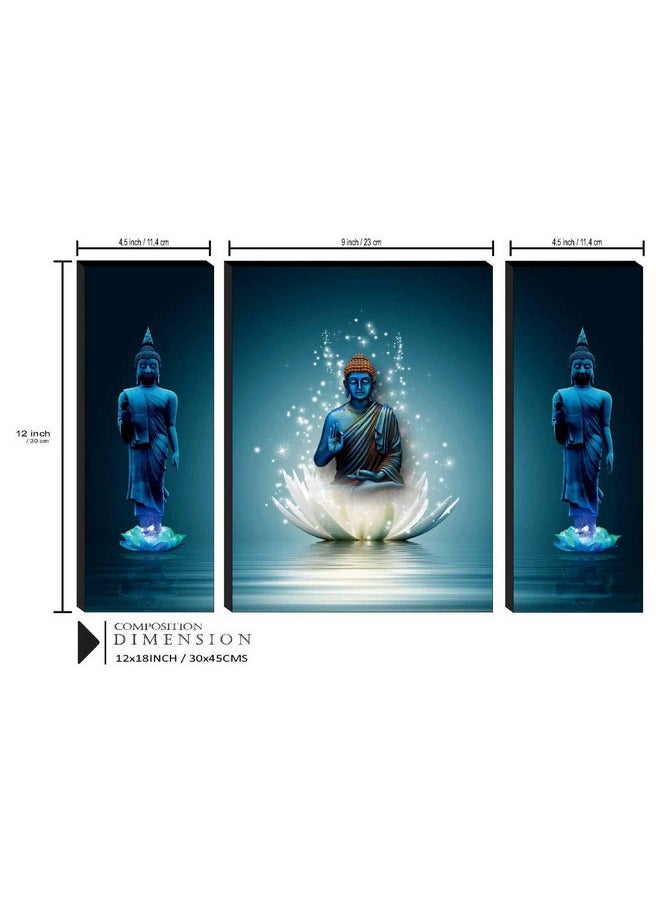SAF Religious Sitting Buddha on Lotus wall painting for living room with frame, 12 inch X 18 inch, Set of 3, multicolor