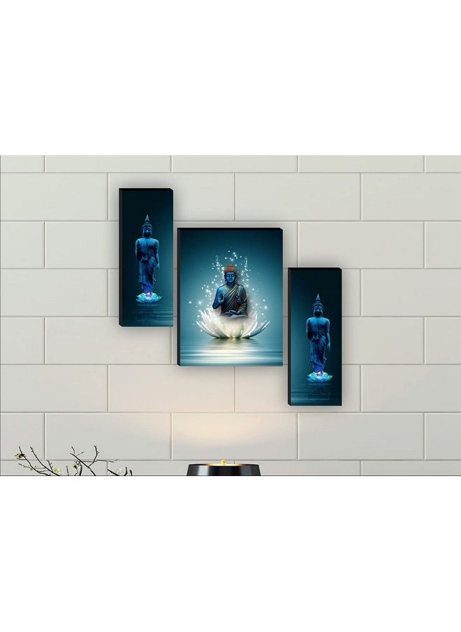 SAF Religious Sitting Buddha on Lotus wall painting for living room with frame, 12 inch X 18 inch, Set of 3, multicolor