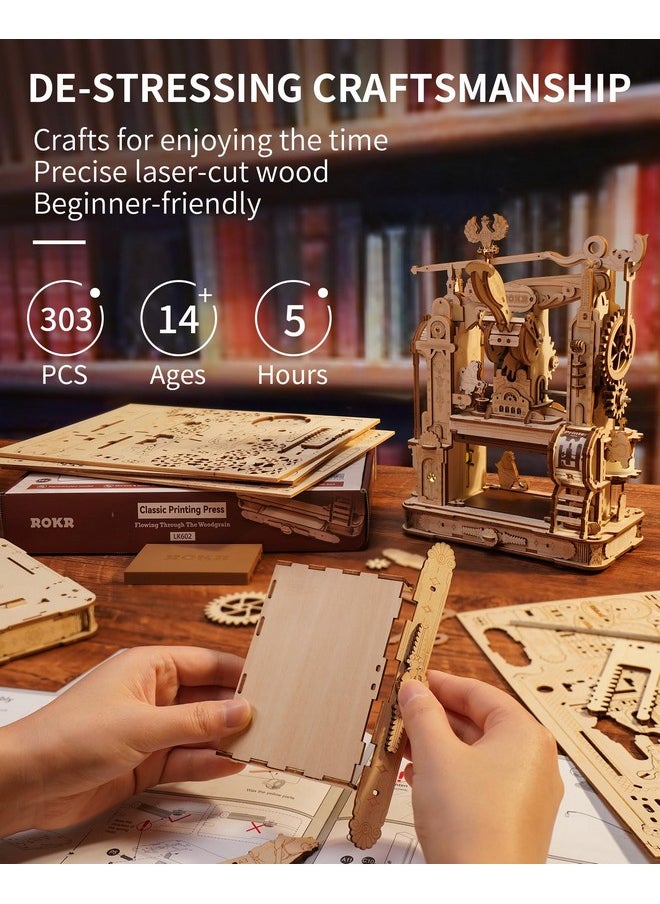 ROKR 3D Puzzle for Adults, Classic Printing Press Wooden Puzzles Model Building Kits, DIY Wood Crafts Cool Toys Birthday, Collage Aesthetic, STEM Art Hobbies for Men Women (LK602)